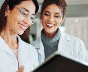 Optometrists looking at an iPad