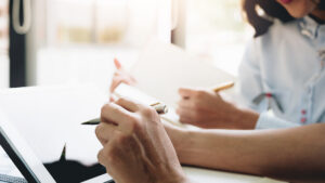 Team looking at documents