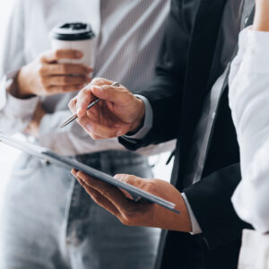 Team looking at documents together